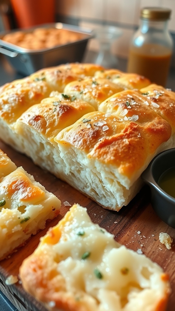 Golden brown cheese focaccia bread cut into squares, topped with melted cheese and herbs, served with olive oil.